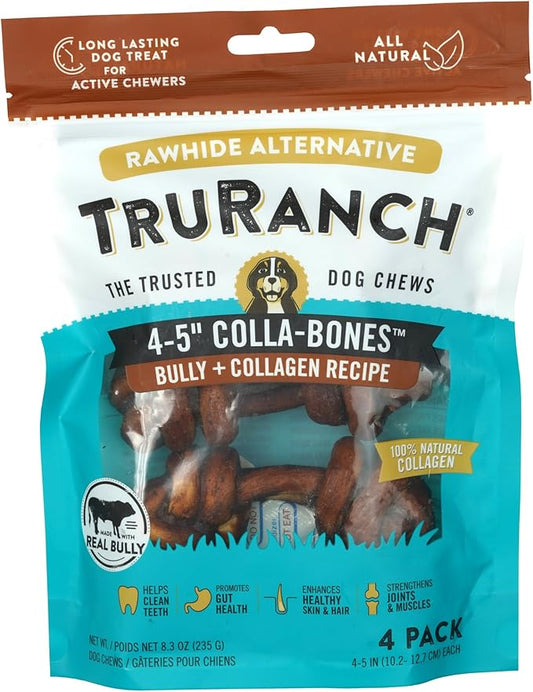 4-5" Collagen Bones, Bully - Collagen Dog Bones - Long Lasting Healthy Joint Support Dog Treat - Rawhide Alternative - Skin & Coat Health, 1 Bag, 4 Count