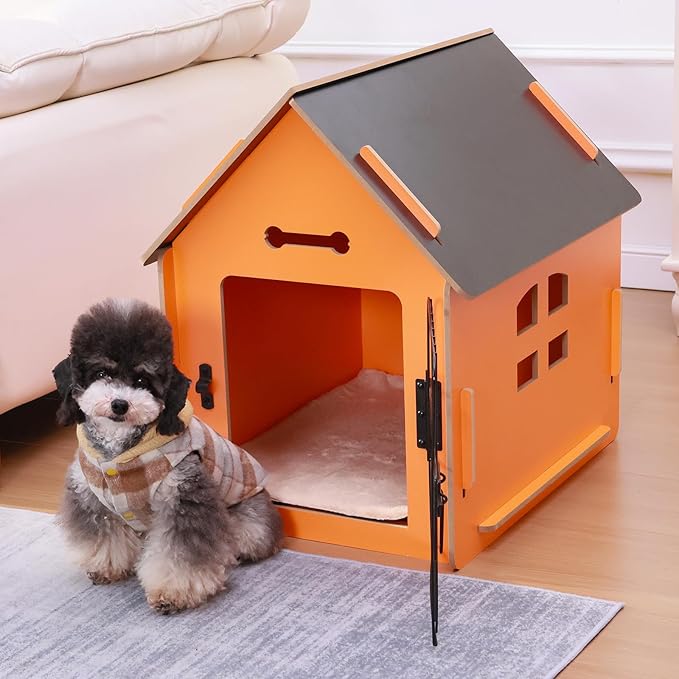 Dog House Indoor for Small Dogs or Cats, Cozy Wooden Design, Small Indoor Bed House, with Air Vents and Elevated Floor Warm Dog Cave (Orange)