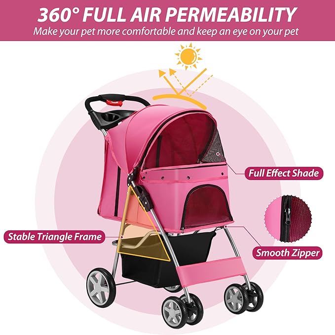 4 Wheels Pet Stroller for Small Medium Dogs Cats 10-33 lbs, Foldable Dog and Cat Stroller with Cup Holder & Storage Basket & Breathable Mesh, Pet Strolling Cart for All-Season, Pink