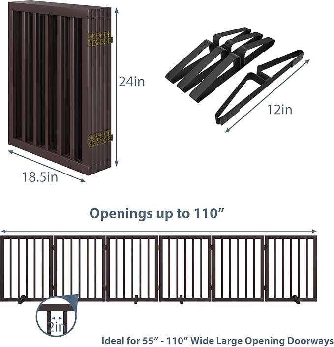 Dog Gates for The House Doorways Extra Wide 110 Inches Wood Freestanding Pet Gates for Dogs Indoor Fence with Support Stands