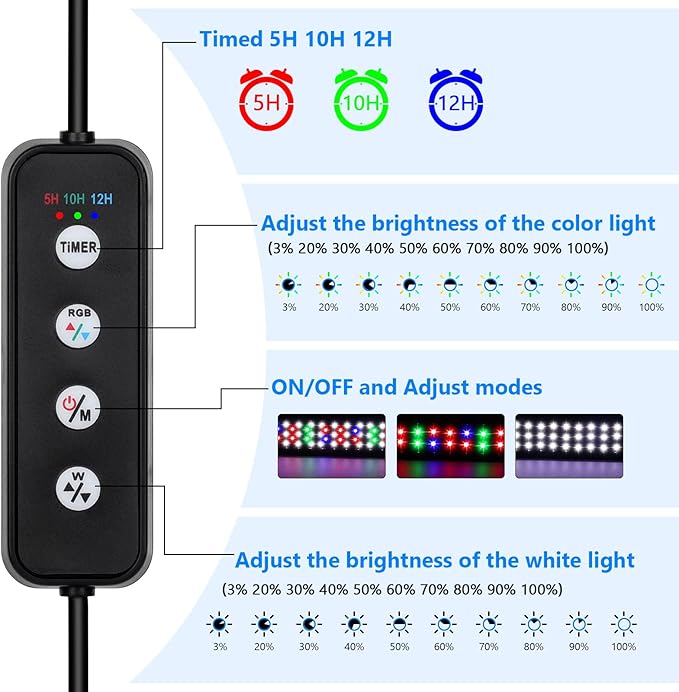 AQQA Aquarium Light,Full Spectrum Fish Tank Light for Plants,3 Mode+Timer+Adjustable Brightness,High Brightness LED Beads with Extendable Brackets for Freshwater (22W for 24-32inch)