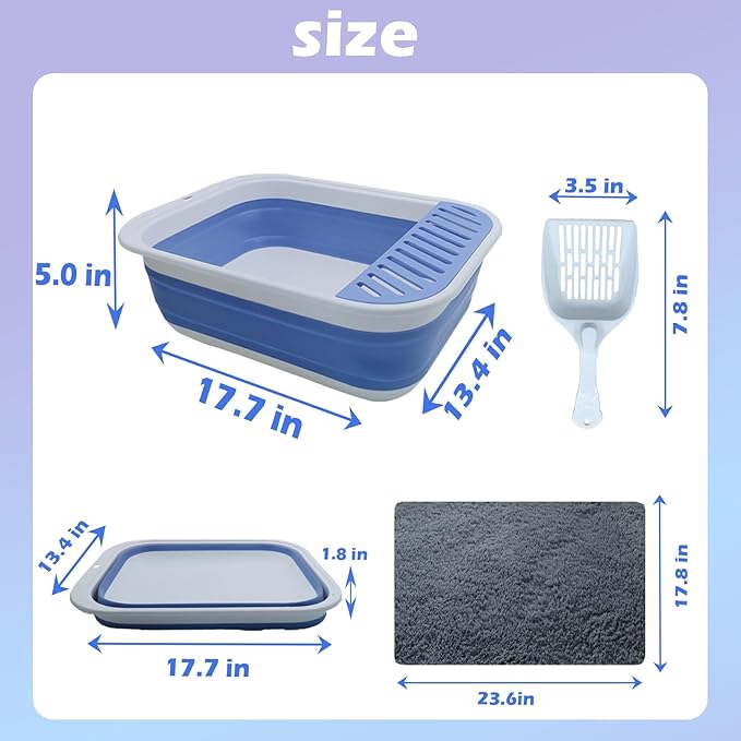 Collapsible Small Cat Litter Box,Open Top Cats Litter Pan with Scoop Foldable Shallow Kitten Potty Toilet Waterproof Cat Travel Litterbox Anti-Splashing Low Entry Semi-Enclosed Easy Clean(Blue)