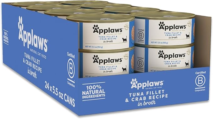Applaws Natural Wet Cat Food in Broth, Limited Ingredient Canned Wet Cat Food, No Additives, Made with Natural Ingredients, Tuna Fillet & Crab in Broth (24 x 5.5oz Cans)