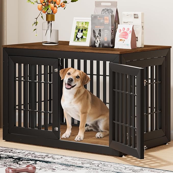 48" Heavy Duty Dog Crate Furniture for Small,Medium and Large Dogs,Rustic Wooden Dog Cage Kennel Indoor Furniture with Waterproof Top,Decorative Pet House Side End Table (Black & Wood)