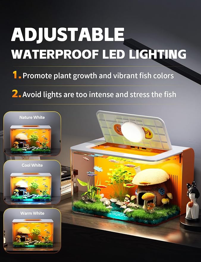 2.5 Gallon Fish Tank Small Aquarium Starter Kit with Hidden Filtration, 3 Color Light, Self Cleaning Nano Tank for Betta, Shrimp, Guppy, Angelfish