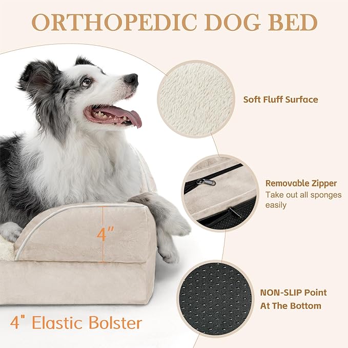 Comfort Expression Large Dog Beds Waterproof Orthopedic Foam Dog Sofa Beds Comfy Pet Bed with Washable Removable Cover & Non-Slip Bottom(Large,Beige)