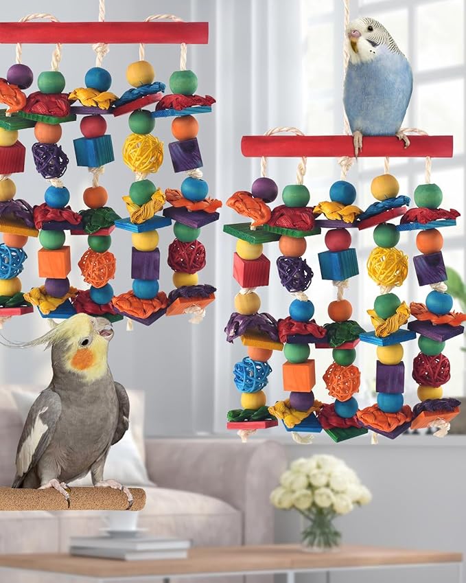Bird Toys, 2PCS Parrot Foraging Hanging Toy, Multicolored Natural Wooden Blocks Parakeet Chewing Toys mit Rattan Wicker Balls, for Medium Small Cockatoos Budgie Lovebird Cockatiel Conure