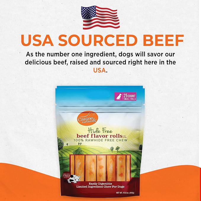 Canine Naturals Beef Chew - Rawhide Free Dog Treats - Made with Real Beef - Poultry Free Recipe - All-Natural and Easily Digestible - 5 Pack of 7 Inch Large Rolls for Dogs 50-75lb