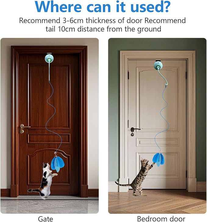 Cat Toys Interactive for Indoor, Cats Toy Hanging Door Electric for Bored,Feathers Toy Kitten Rechargeable Door Hanging Automatic String with 4pcs Feathers Toys(Blue)