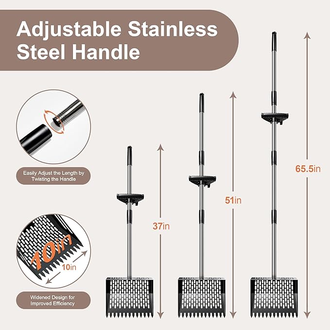 Chicken Poop Scooper - Metal Sifting Shovel & Rake 2-in-1 with Adjustable Stainless Steel Handle (37"-65"), Sand Shovel for Chicken Coops, Farm Animal Waste