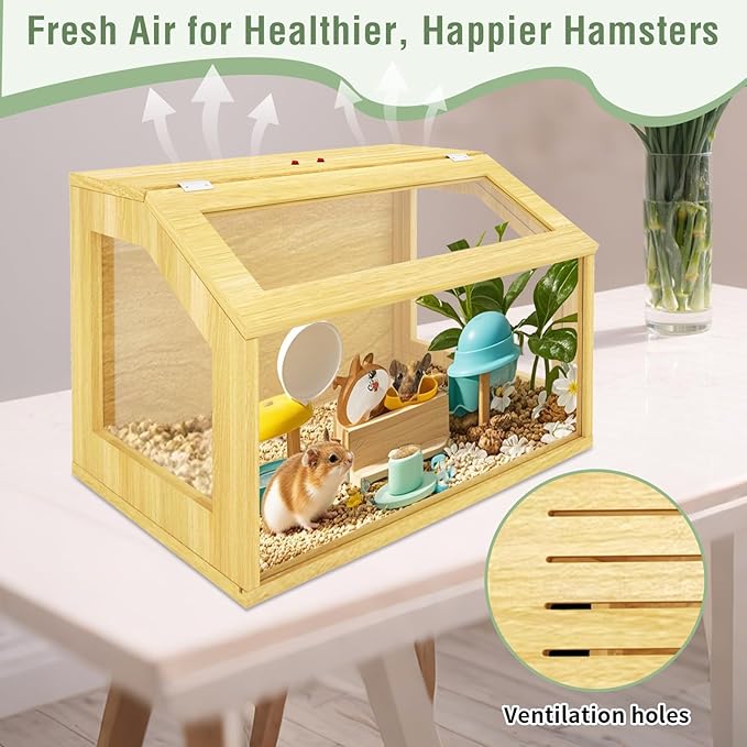 24" Wooden Hamster Cage, Chewproof Gerbil Cages and Habitats, Openable Top Roof Window with Silencing Pad, Guinea Pig Cage for Small Animals, Dwarf and Syrian Hamster, 24 x 16 x 16 Inches