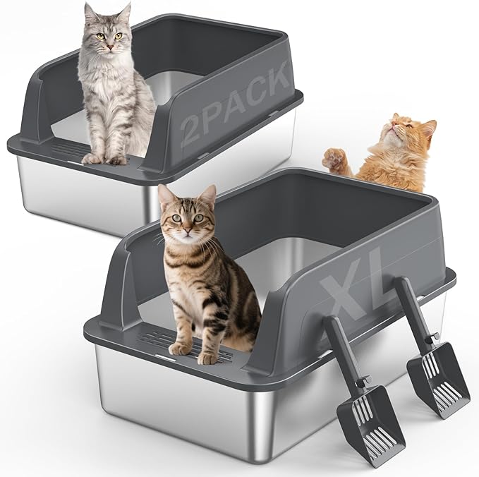 2PACK Stainless Steel Litter Box, Extra Large Litter Boxes for Big Cats, XL Metal Cat Litter Box with Lid High Sides, Anti-Urine Leakage, Non-Sticky, Scoop Included