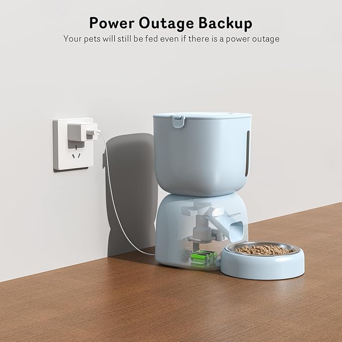 Automatic Cat Feeder and Water Dispenser FW1, Wire or Battery Cat Food Dispenser Timer Pet Feeder - Locking Lid, Desiccant Bag, Programmable Portion Control, 4 Daily Meals, 10s Voice Recorder-Blue