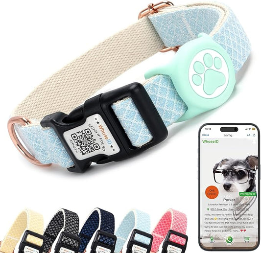 Dog Collar with Waterproof AirTag Holder & Anti-Lost QR Code, Cute Bling Warpping Adjustable Width for Small Medium Large Pet (Light Blue, M)