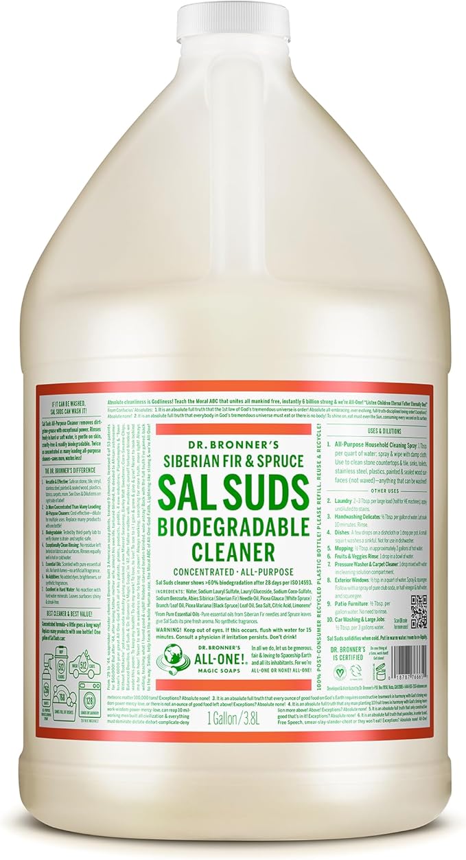 Dr. Bronner's - Sal Suds Biodegradable Cleaner (1 Gallon) - All-Purpose, Pine Cleaner for Floors, Laundry and Dishes, Concentrated, Cuts Grease and Dirt, Powerful Formula