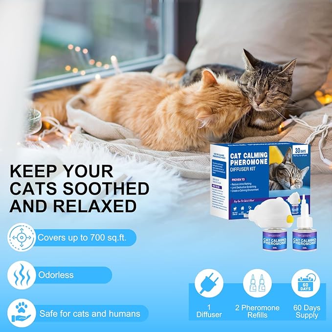 Cat Calming Diffuser Kit for Cat Anxiety Relief, 3-in-1 Cat Pheromone Diffuser Kit with 1 Diffuser +2 Refill 48ml Vial for 60-Day Use, Reduces Separation Anxiety, Aggression, and Stress