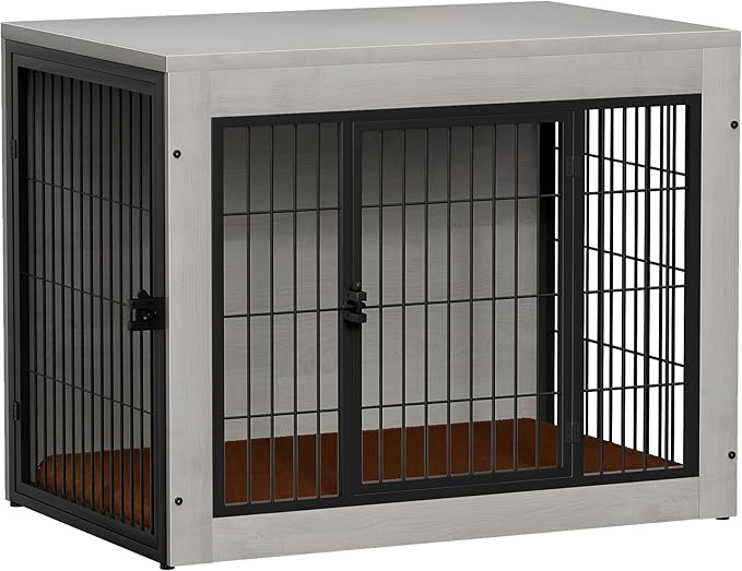 Bigrab Dog Crate Furinture with Thick Cushion, Side End Table Wooden Dog Cage with Double Doors, Chew-Resistant Dog Kennel Dog House Indoor for Small to Large Dog, M (Grey)