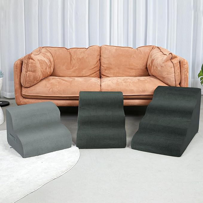 Dog Stairs Steps for High Bed, 3 Steps Pet Steps for Small Dogs Non-Slip Removable Washable Cover Ramp for Indoor Outdoor Car Couch Sofa, Dark Gray