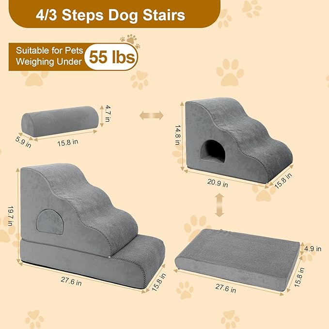 Dog Stairs for Small Dogs 19.7" H, 4-Step Dog Steps for High Bed, High-Density Foam Curved Pet Stairs with Non-Slip Removable Washable Cover to Get on Bed