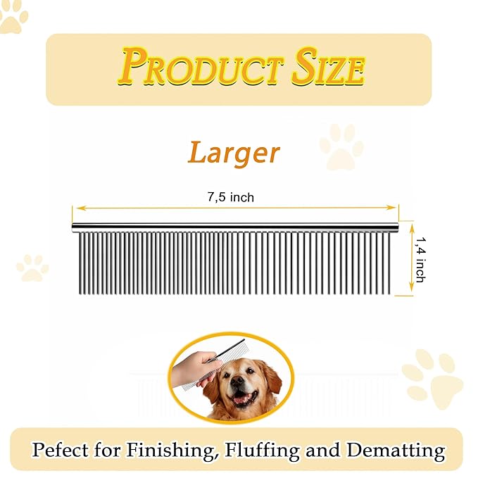 Dog Comb and Cat Combs Stainless Steel Teeth, Grooming Tool for Long & Short Hair, Dematting Comb for Dogs, Removes Tangles & Knots (Large Silver)