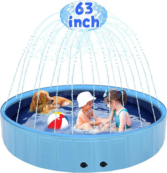 63" Large Dog Pool with Sprinkler, 2-in-1 Foldable Swimming Pool Non-Slip Hard Plastic Splash Sprinkler Kiddie Pool for Outdoor Backyard Kids Dogs Ducks and Pet Baths
