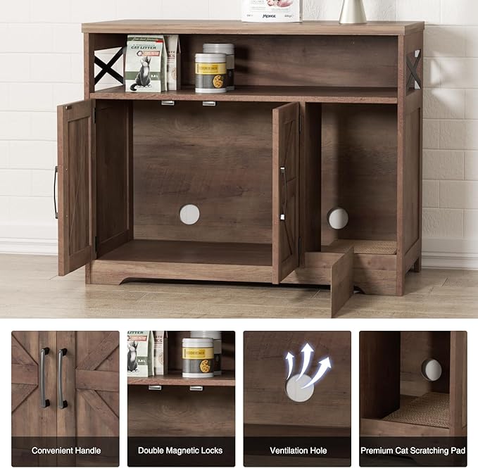 Cat Litter Box Enclosure, Hidden Litter Box Furniture with Scratch Pad, Farmhouse Indoor Cat House Washroom End Table, Retro Brown