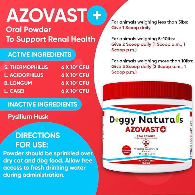Azovast Plus Kidney Health Supplement for Dogs & Cats, Oral Powder (6 Oz) - (120 Doses/Jar) NO Refrigeration Required - Help Support Kidney Function & Manage Renal Toxins (Made in U.S.A) (6 Oz)