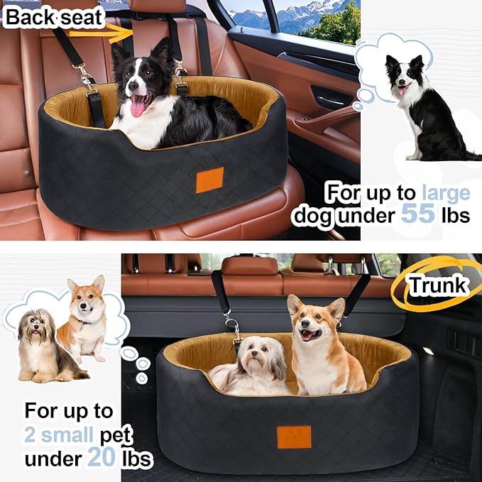 Dog Car Seat for Medium & Large Dogs up to 55 lbs, Elevated Booster Seat with Anti-Slip Base, Detachable & Machine-Washable Pet Car Bed for SUV/Sedan (Black/Brown)