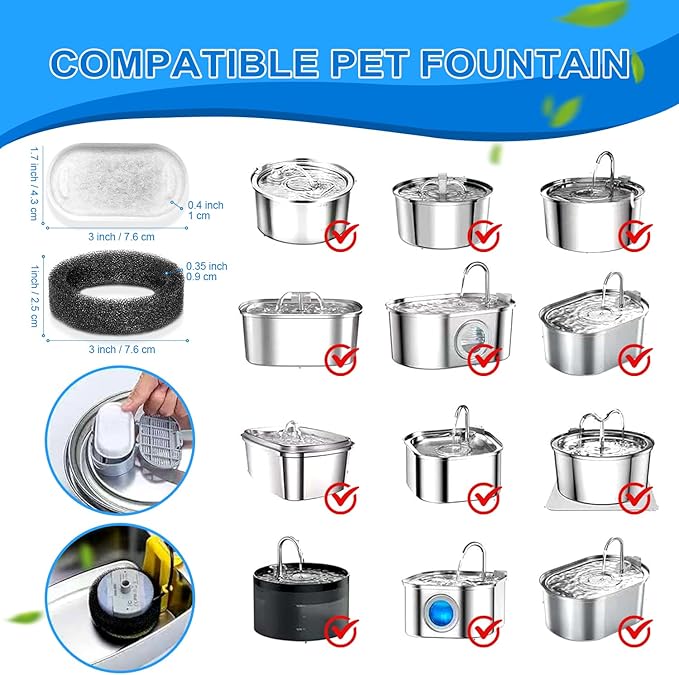 Cat Water Fountain Filters, 32 Pack Cat Replacement Filters for Stainless Steel 108oz/3.2L& 67oz/2L adjustable Flow Pet Water, Dog Fountain Filter（16+16 Pack）