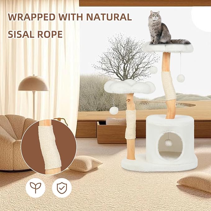 Cute Cat Tree Tower for Indoor Cats Adult, Wood Flower Cat Trees with 6 Pompoms, Modern Cat Tree Tower with Scratching Post, Aesthetic Luxury Cat Condo for Cats Kitten, Alpine White