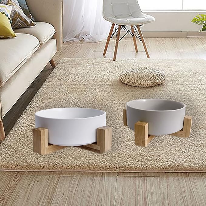 Ceramic Dog Cat Bowl with Wood Stand,Cat Food & Water Bowls Elevated Non-Spill Modern Cute Kitty Dishes Heavy Weighted Round Pet Dishes Set for Kitten Small Cat(White)
