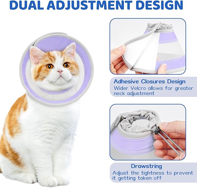 Breathable Air Mesh Cat Cone Collar Soft to Stop Licking, Adjustable, Foldable Lightweight Kitten Cones After Surgery Recovery for Cats & Kittens (Light Purple,M)