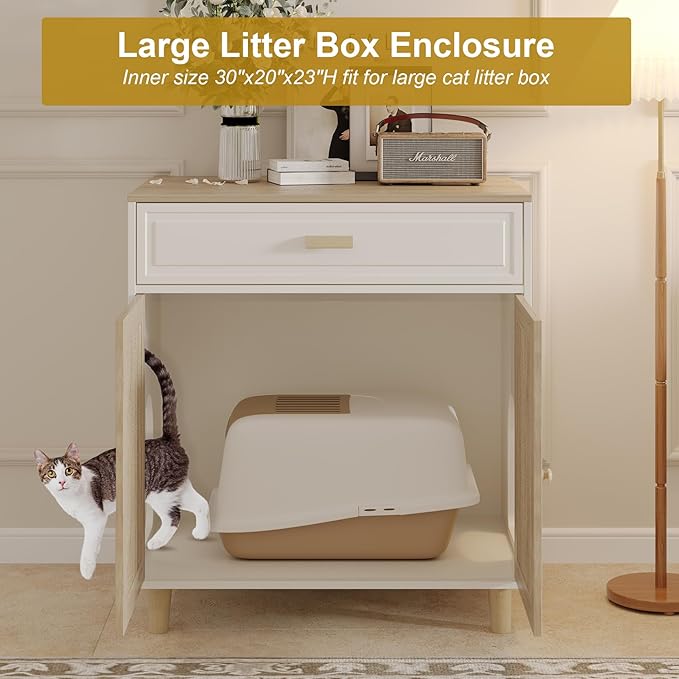 Cat Litter Box Enclosure Furniture Hidden - Indoor 2-in-1 Wooden Cat House & Washroom Cabinet with Scratching Board Doors and Drawer, 31.5”x21.6”x34.6”H