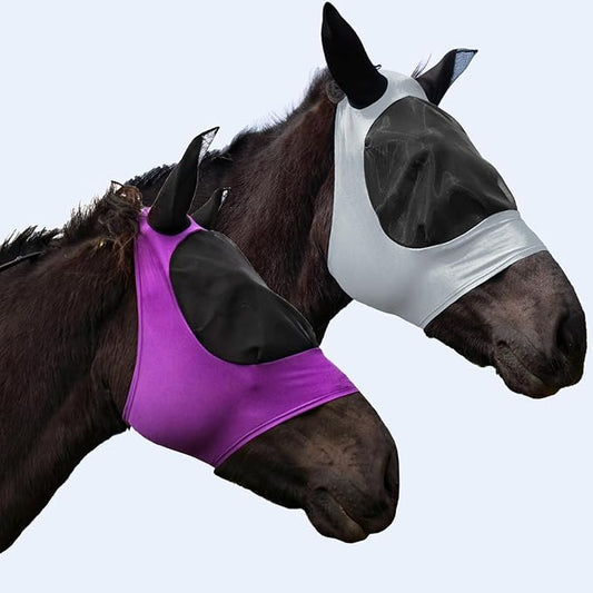 2 Piece Horse Fly Mask with Ears, Comfortable Fit Stretch Fabric Big Eye Space Soft Breathable with UV Protection for Full Horses (Purple-Gray)