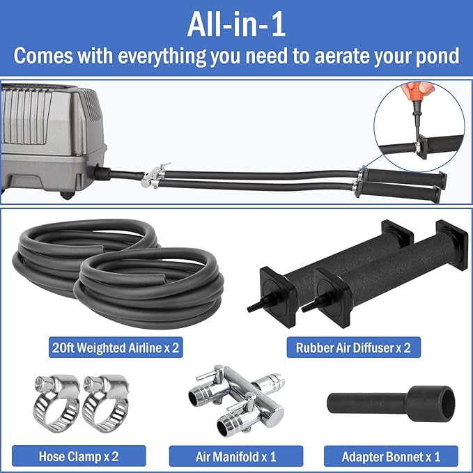 AquaMiracle All-in-One Koi Pond Aerator for Outdoor Ponds, Pond Air Pump Pond Aeration System with Self-Sinking Airline Flow Control Rubber Air Diffuser