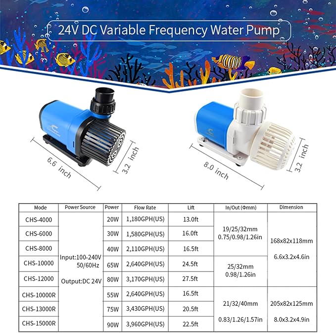 CONQUERALL 2640GPH 65W 24.5ft DC 24V Sine Wave Quite Submersible and Inline Pump for Fish Tank, Fountains, Hydroponics, Waterfalls, Aquariums, Fresh and Sea Water CHS-10000 NdFeB Magnet 3year