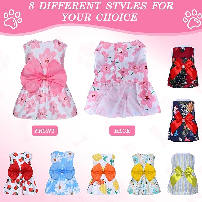 8 Pcs Summer Hawaiian Dog Dresses, Dog Bowknot Dresses Cute Hawaii Puppy Dress Soft Lightweight Clothes Princess Outfits Pet Skirts for Girl Dogs Beach Parties(Medium)