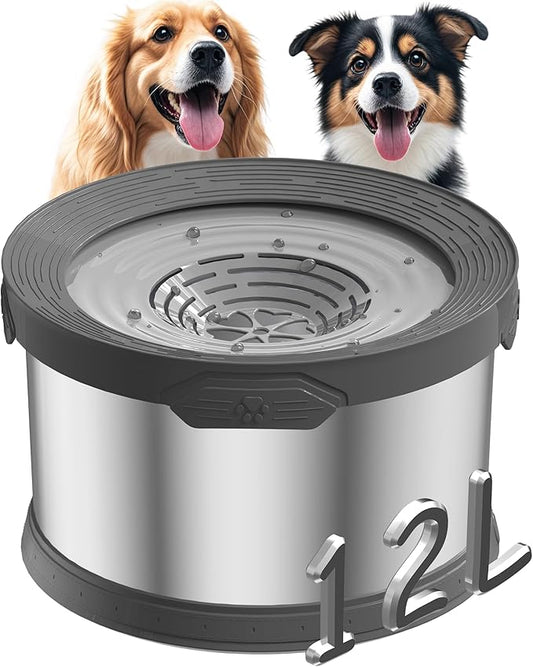 12L Dog Water Bowl No Spill 3.1 Gallon Super Large Capacity Stainless Steel No Splash Dog Bowls Slow Drinking Feeder with Non-Slip Base Pet Water Dispenser for Dogs