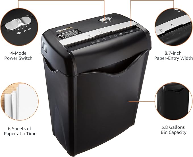 Amazon Basics 6 Sheet Cross Cut Paper and Credit Card Home Office Shredder with 3.8 Gallon Bin, Black