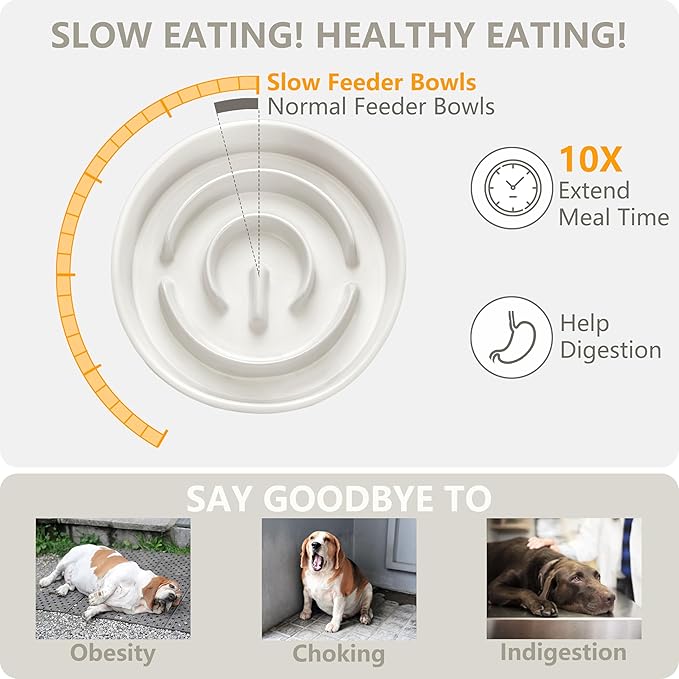 Ceramic Slow Feeder and Water Bowl Set for Small Dogs, Ceramic Dog Bowls Elevated with Wooden Stand, 0.6 Cups Dog Slow Feeder(14oz) and 30oz Water Bowl Set, White