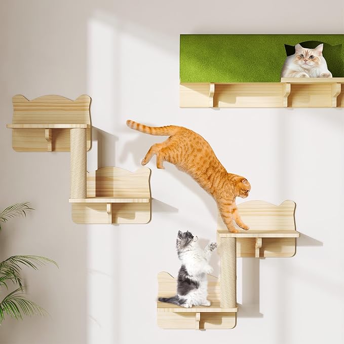Cat Wall Shelves and Perches, Solid Wood Wall Cat Furniture, Set of 7 Feline Climbing Shelves with Bed, Steps, Scratching Post and Tunnel