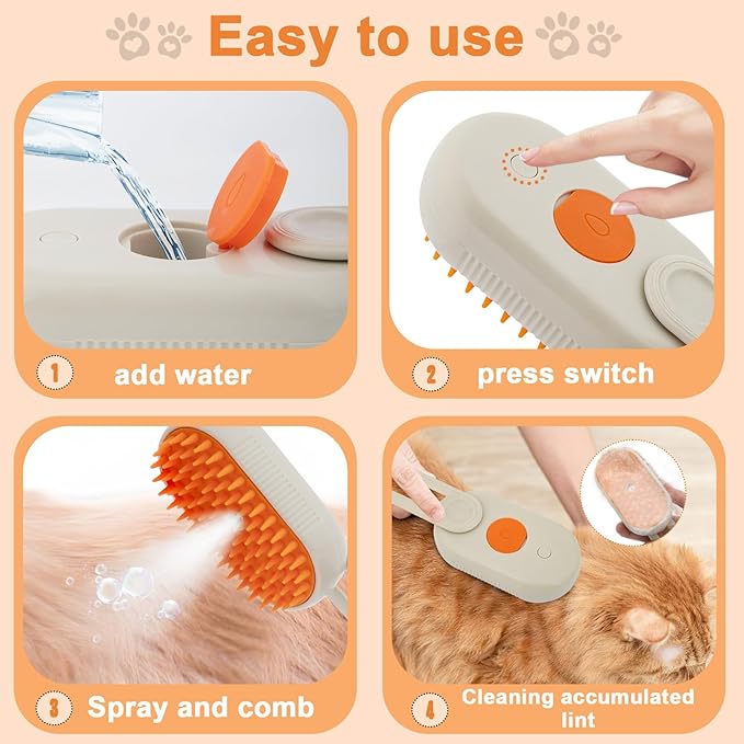 4 in 1 Cat Steam Brush Cat and Dog Anti-Static steam Brush with Spray for Massaging,cleaning,Shedding,Grooming,Rechargeable Pet Grooming Brushes(white brush)