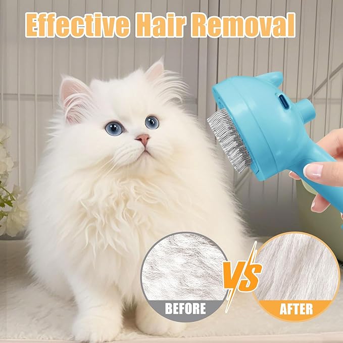 Cat Steam Brush for Shedding, Pet Steam Brush for Dog with Release Button,Anti-Static Pet Spray Hair Removal Comb,Cat Spray Comb for Long & Short Haired Pets,Blue
