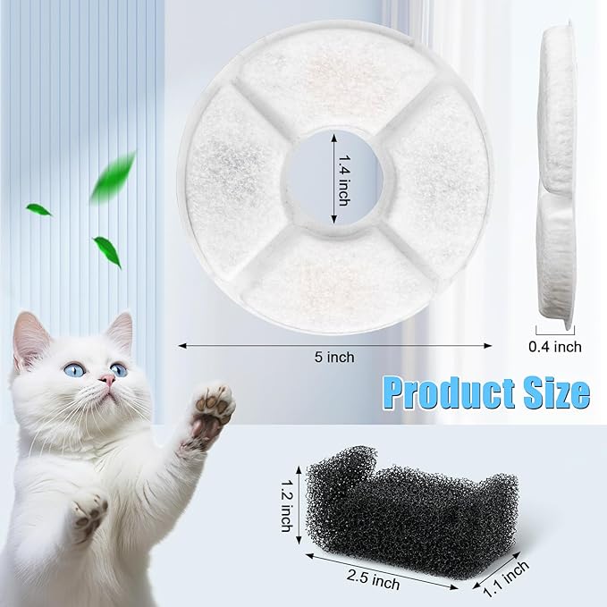 Cat Water Fountain Filter Replacement, 4 Pcs Cat Fountain Filters with 3-Filtration System, Round Cats Carbon Filters Compatible with 81oz /2.4L Round Automatic Pet Fountain Water Dispenser