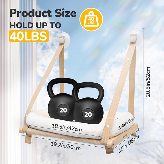 CATISM Cushion Cat Window Perch - Hammock - Window - Seat - Home - Cat Bed for Small to Medium Indoor Cats, Wooden, Machine Washable Cover, Foldable (Khaki, Cushion Bed Cover)