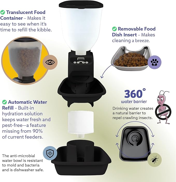 Automatic Dog & Cat Food Feeder with Water Dispenser – Smart Pet Feeder with Portion Control, OLED Display, Anti Jam Design, Battery Operated Dispenser for Small Pets - Black