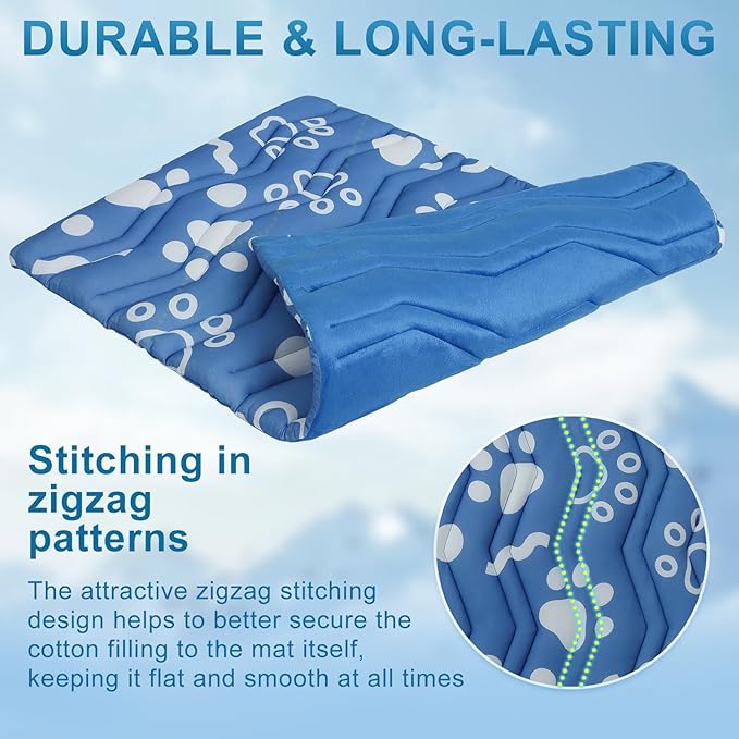 BEAUTYZOO Dog Cooling Mat- Upgraded Thicken Cooling Mat for Large Dogs Reversible(Cool & Warm) Pet Ice Cool Bed Washable & Portable, Summer Crate Pad for Big Dog Puppy Up to 44 lbs, Paw Blue 36X23IN