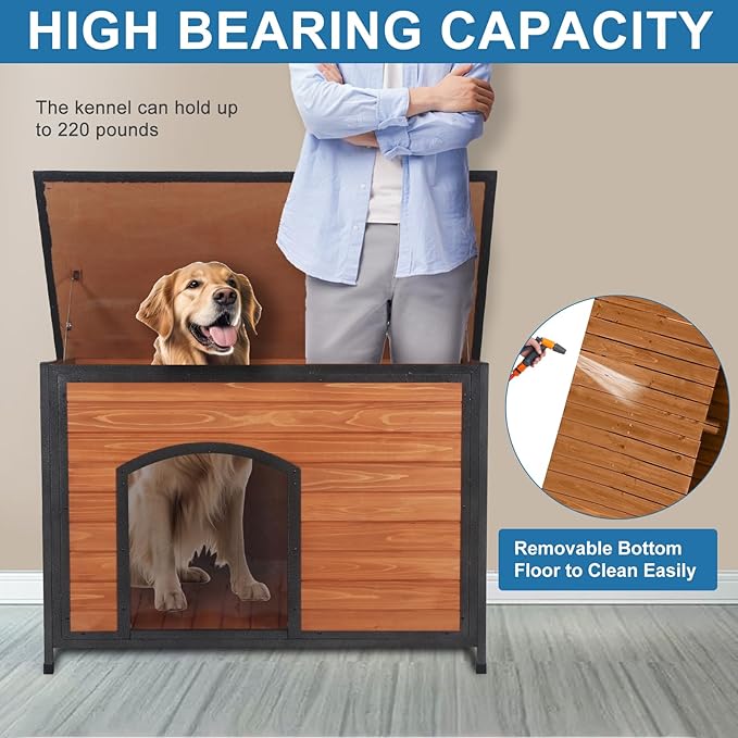 Dog House Outdoor Weatherproof 43.3" L Chew Proof Dog Kennel for Small Medium Large Dogs with Strong Metal Chew Proof Frame Raised Design