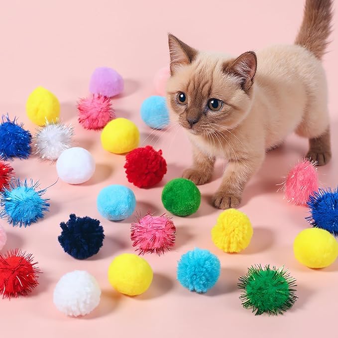 30 Pcs Cat Pom Pom Balls Assorted Color Sparkle Ball for Indoor Cats, Interactive Cats Toys Fuzzy Cat Balls Tinsel Glitter Chase Poms Poms Ball for Exercise and Entertainment