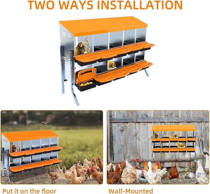 Chicken Nesting Boxes, 10 Hole Metal Chicken Laying Box with with Removable Trays and Roll Out Egg Collection for Chicken Coop, with Metal Bracket, Orange